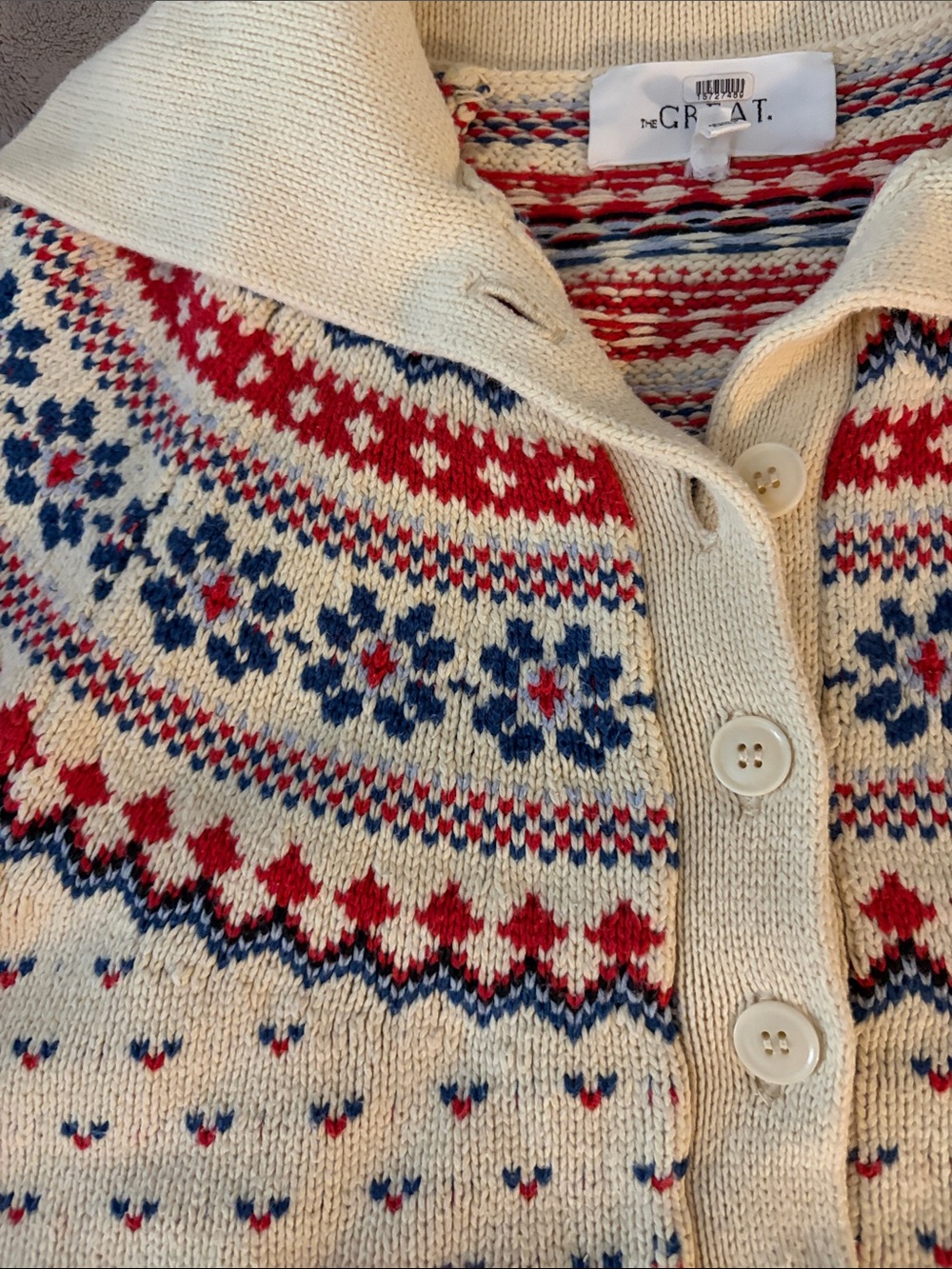 The Great. Fair Isle Cropped Cardigan in Cream - Picture 9 of 12
